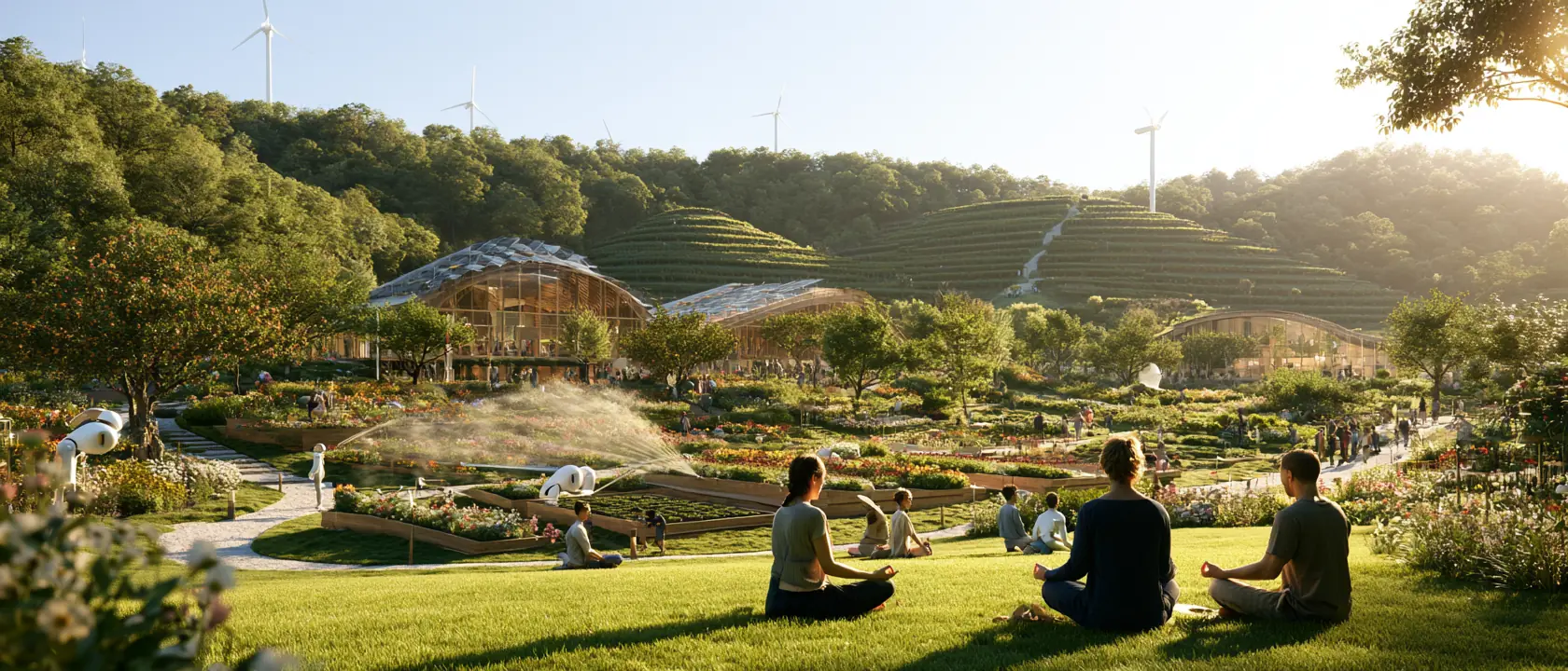 People sitting in meditation on the grass of a village commons while robots water the flower and vegetable beds, with greenhouses, terraced crops and wind turbines behind.