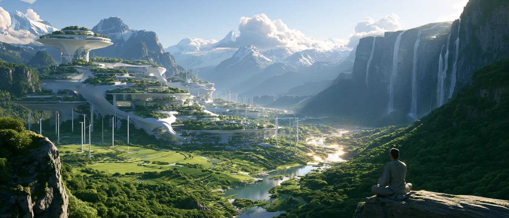 A robed figure seated on a rocky overlook above a green mountain valley holding a solarpunk settlement, with a river, waterfalls and snow-capped peaks beyond.
