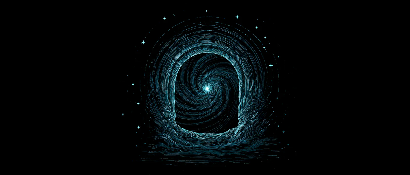 A cave-arch opening onto a spiral galaxy, drawn in luminous line-work.