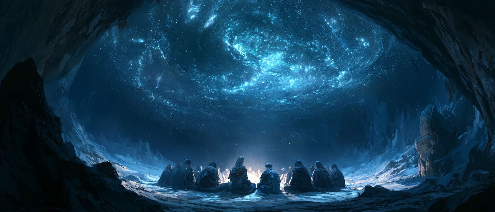 A circle of robed figures seated together on the floor of an immense cavern, tiny beneath a vast glowing galaxy overhead.